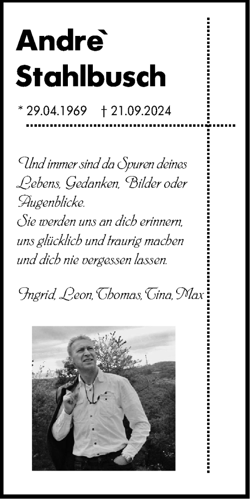 Traueranzeige von Andre` Stahlbusch von Dill Block